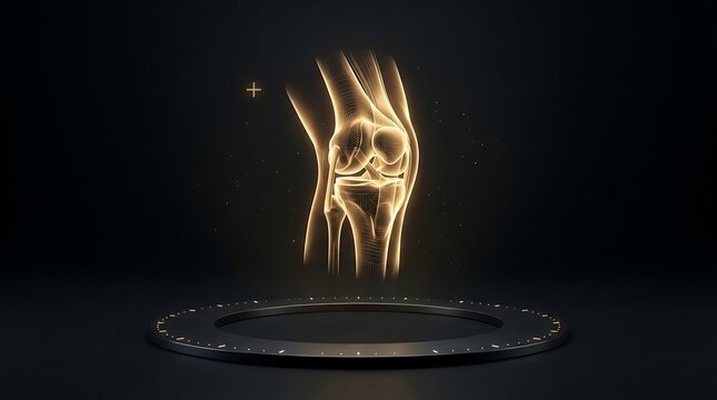 Futuristic glowing knee joint hologram, anatomical human leg bone structure on dark background, medical orthopedic technology illustration
