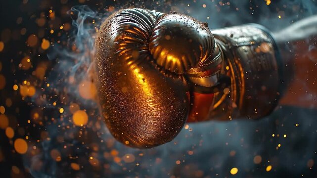 Close-up of worn boxing gloves colliding in a dramatic punch, with smoke, sparks and warm cinematic lighting against a dark background