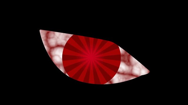 A dark dramatic background featuring a single large glowing red evil eye with sharp white highlight and comic detail