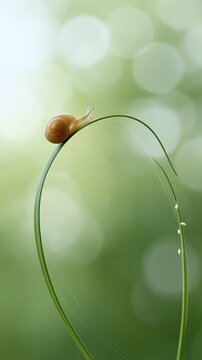 Baby snail on curved grass stem with ethereal green bokeh and soft light