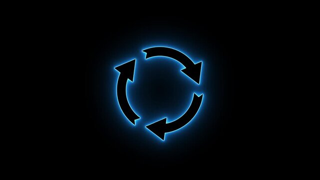 Neon circular arrows rotation cycle seamless loop animation on dark background. Circle arrow refresh and reload icon animation with loading progress animation