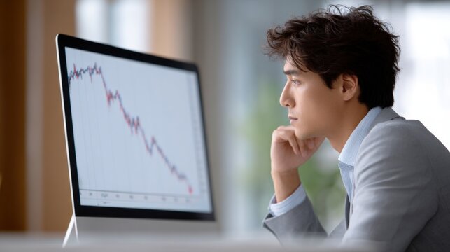 Asian manager watches red stock plunge on screen in dim office