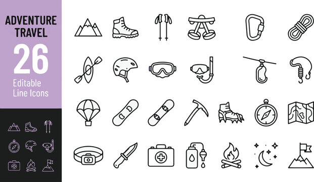 Adventure travel and outdoor sports line icon set. Hiking, mountain climbing, camping equipment, snowboarding, snorkeling minimal vector illustrations. Simple outline signs. Editable Stroke. 48x48.