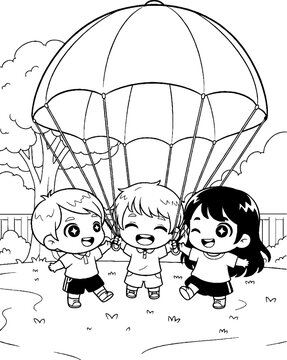 Three children happily holding parachute outdoors together.