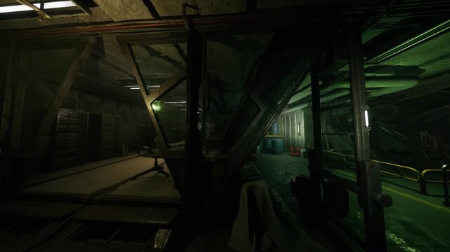 Green lit engine corridor undersea maintenance, heavy pipes and corroded machinery lining narrow walkway, wet metal floor reflecting emergency lights, ladders