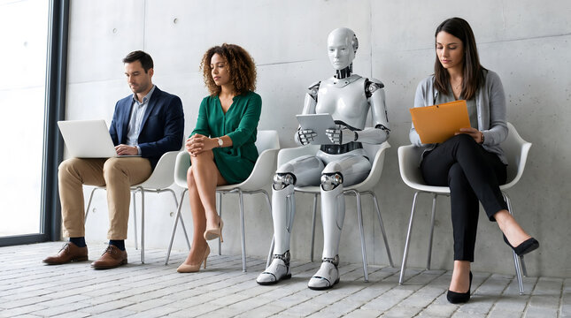 Diverse human candidates and a humanoid robot waiting in line for a job interview, Future of work and AI competition concept showing applicants and a robot in a waiting room.