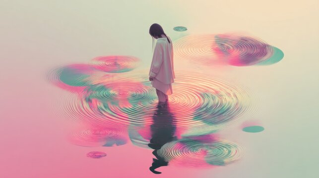 Woman stands immersed in brightly colored water with ripples, feeling internal emotional overwhelm