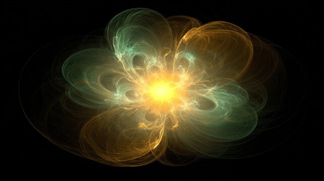 Bright yellow and teal fractal energy radiating outwards from a central glowing core, a mesmerizing abstract cosmic bloom.