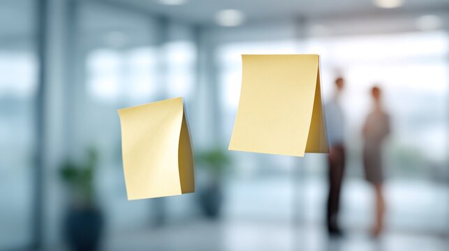 Two yellow sticky notes on clear glass, two blurred people observing them inside a bright office
