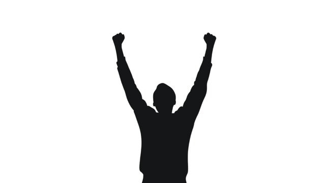 Executive silhouette stands with arms extended upwards to symbolize reaching a target or business goal.