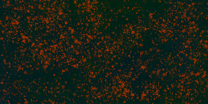 Abstract orange splatter pattern on dark navy background. Abstract background for design. Colors, smokes and lines on a black background. Red stain rusty metal texture old terrazzo surface  .
