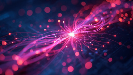 Abstract glowing pink energy trails spreading from a bright core with bokeh lights on a dark blue background © kzaman