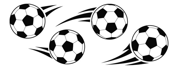 Dynamic soccer ball collection with motion trails isolated on transparent background featuring action packed football movement effects © MstMaya