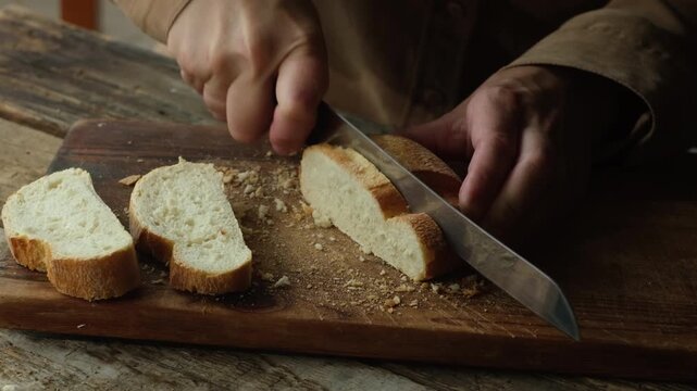 Hands slicing loaf of ciabatta bread on wooden cutting board.