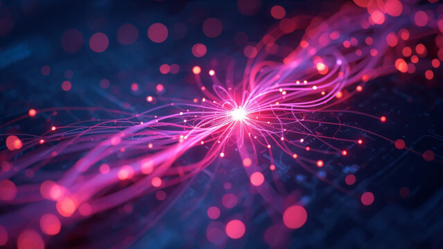 Abstract glowing pink energy trails spreading from a bright core with bokeh lights on a dark blue background