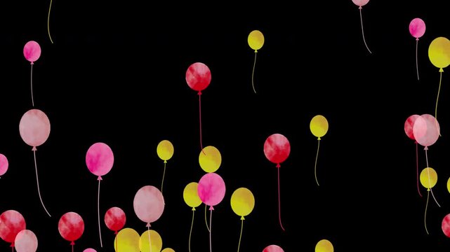 水彩風　いっぱいの赤系のカラフルなバルーンが下から上へ[4K-背景透過]Happy Series:Watercolor-style, lots of colorful red balloons rising from bottom to top[Transparent Background]4K