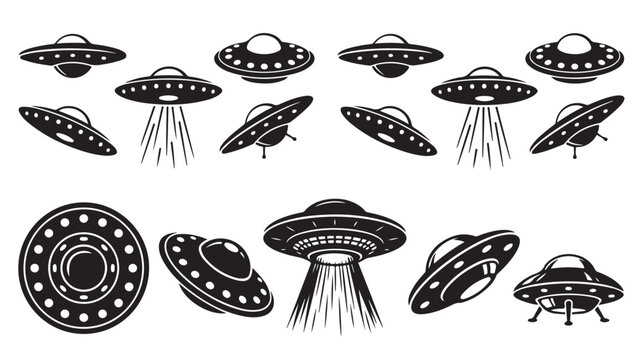 Vintage UFO flying saucer icons set, retro alien spaceship vector collection, black and white unidentified flying object silhouettes for sci-fi design