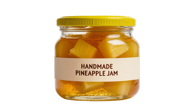 Glass jar with yellow lid filled with pineapple jam and fruit chunks