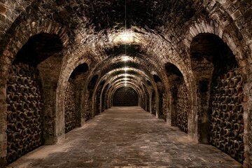 Obraz premium Stone vaulted wine cellar tunnel extending into distance with dim warm lighting and symmetrical composition for luxury hospitality branding