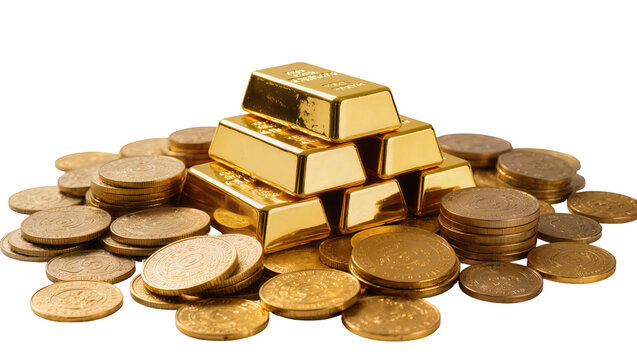 Gold bars stacked with piles of gold coins