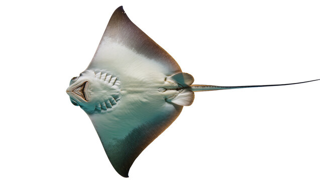 Bottom view of a stingray with wide pectoral fins and long tail