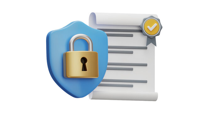 Blue shield with golden padlock and document with checkmark