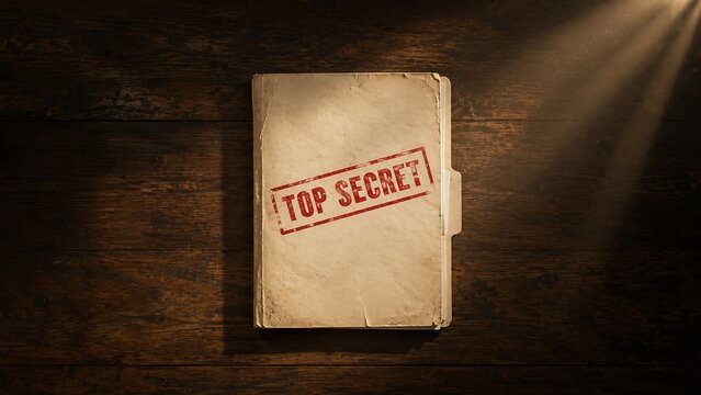 Top secret document on a wooden table with a beam of light