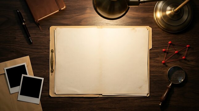 Vintage detective desk with blank notebook and investigation tools