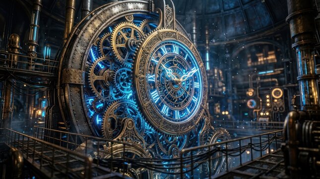 Steampunk clockwork mechanism with blue illumination in industrial setting