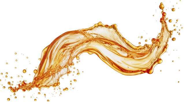 Amber liquid splash with droplets, dynamic fluid motion