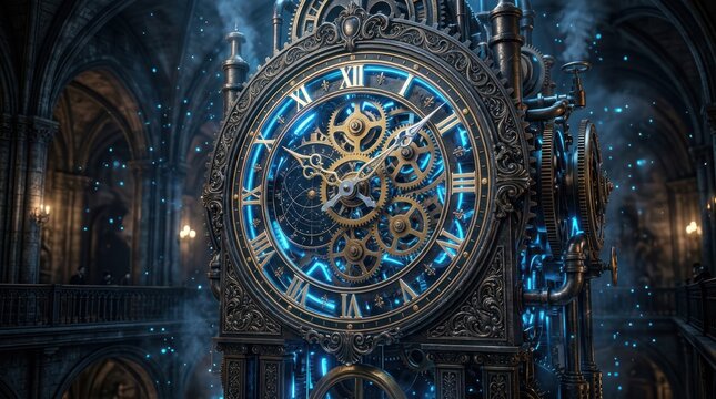 Ornate steampunk clock tower mechanism with blue illuminated gears inside a gothic cathedral setting