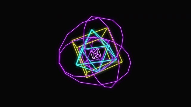 futuristic neon gyroscope with glowing cyberpunk wireframe polyhedron rotation, abstract synthwave orbital geometry with luminous digital rings on dark background 4k
