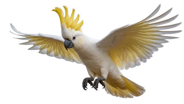Sulphur-crested cockatoo with yellow crest and wings spread