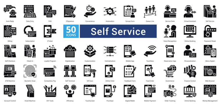 Self Service icon set in glyph style contains 50 icons including check in, loyalty program, digitalization, customization, centralization, mobile app, touchless icon