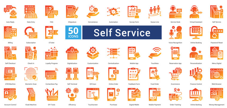 Self Service icon set in glyph gradient style contains 50 icons including biometric scan, contactless pay, self terminal, qr scan, online order, feedback form, food order icon