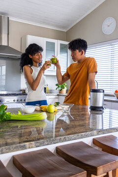 Diverse couple toasting blender juice on granite island after blending apple and celery for health