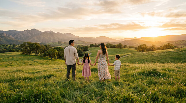 A loving Asian family of four standing on a spacious green grassland, parents and children looking toward the horizon while holding hands