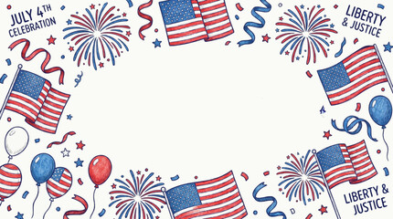 Obraz premium Hand Drawn USA Independence Day Background with Fireworks and Flag