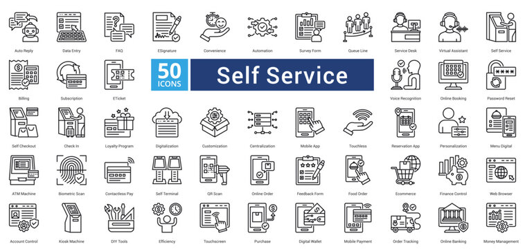 Self Service icon set in outline style contains 50 icons including web browser, account control, kiosk machine, diy tools, efficiency, touchscreen, purchase, digital wallet icon