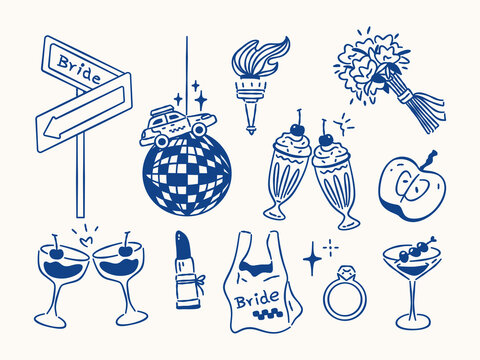 New York bachelorette party doodle element with disco ball, cocktails, bride bag, and ring for bridal shower invitation card design.