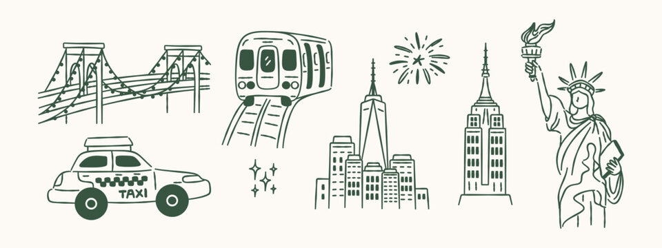 New York City landmarks doodle set with bridge, taxi, subway, and skyline icons