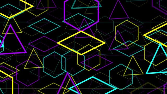 abstract neon geometric wireframe shapes with futuristic cyberpunk polygon patterns, glowing synthwave triangles cubes and hexagons floating on dark digital background 4k
