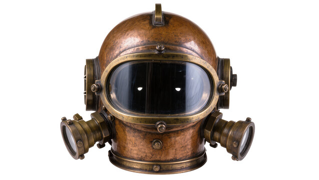 Vintage copper diving helmet with brass accents and glass portholes