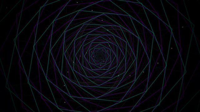 futuristic neon warp tunnel with glowing pentagon geometry and cyberpunk perspective, abstract synthwave vortex with rotating wireframe lines and infinite geometric depth 4k