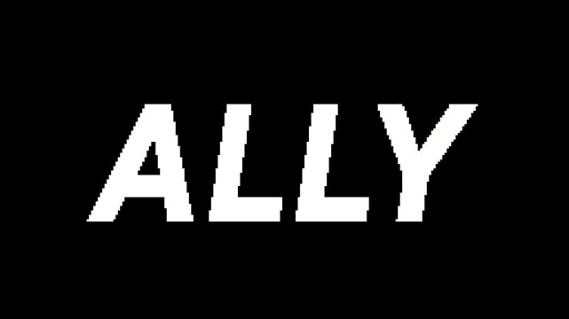 Big Typography Headline of 'Ally' with Pride Month Color in Various Shape in Pixel Art Style on Black Backdrop