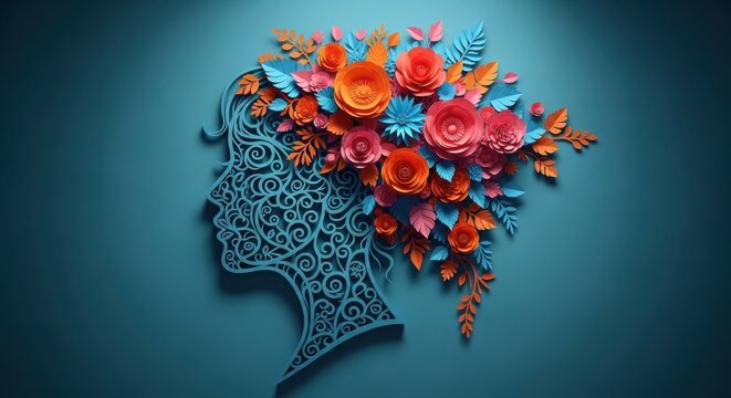 Vibrant floral silhouette of a woman's head for mental health awareness
