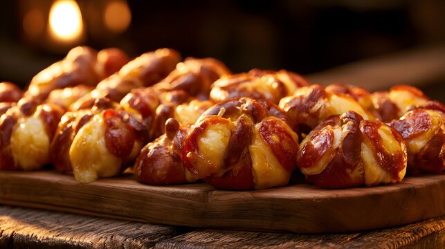 Warm pretzel bites glow under golden light a rustic treat perfect for food photography and lifestyle stock images