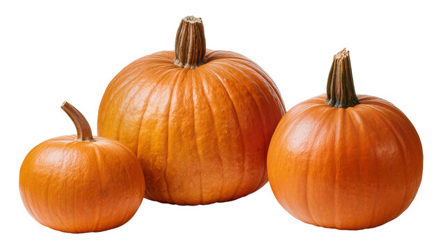 Three orange pumpkins of varying sizes with stems