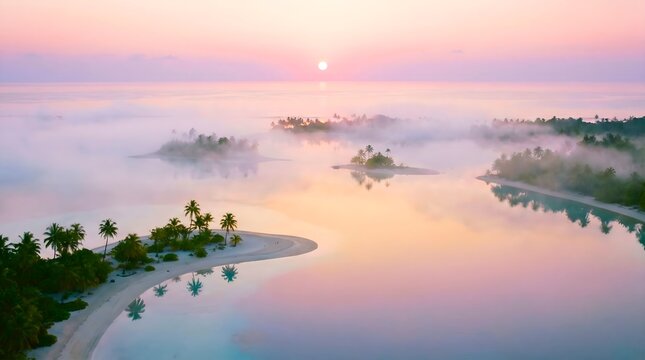Aerial view of a misty tropical island archipelago at sunset