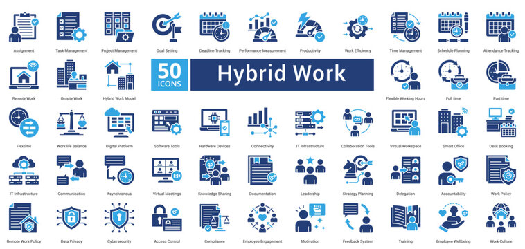 Hybrid Work icon set in two color style contains 50 icons including infrastructure, virtual workspace, smart office, desk booking, goal setting, deadline tracking, performance icon